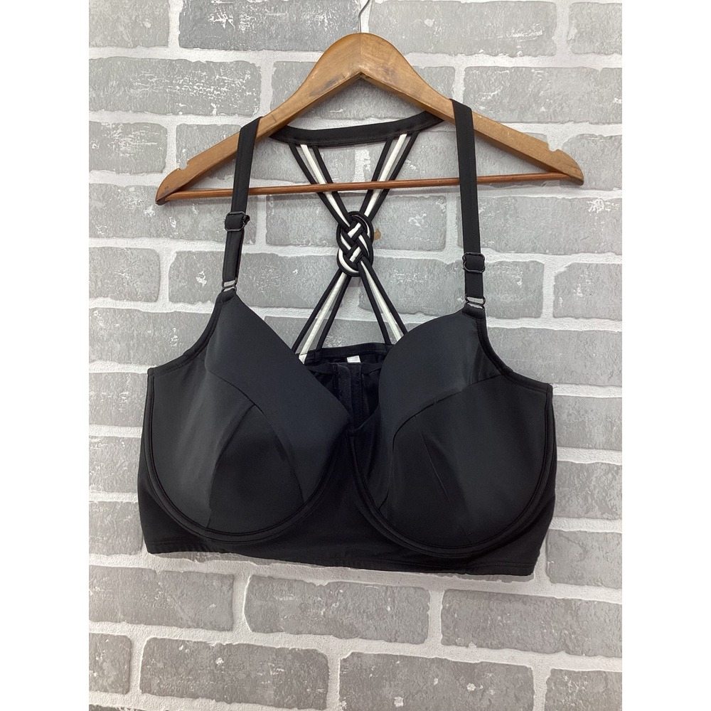 Cacique Swim Black Balconette Bikini Top 42G Knotted Striped Racerback Underwire